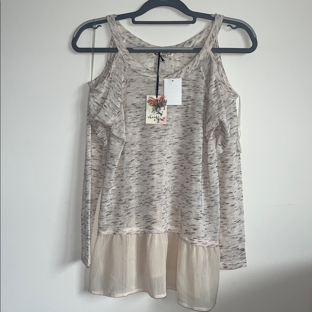 About A Girl Cold Shoulder Cream and Brown Patterned Top